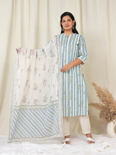 Blue Striped Printed Kurta Set