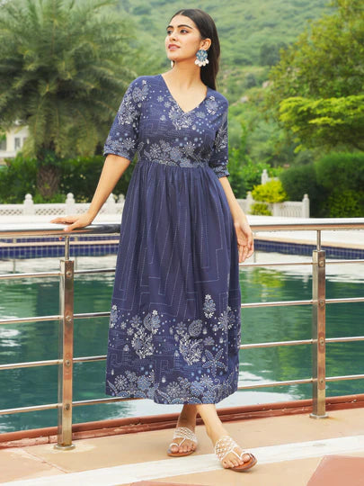 Navy Blue Floral Printed Midi Dress