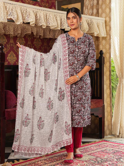 Maroon Floral Printed Kurta Set