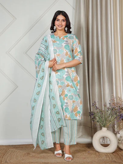Aqua Floral Printed Cotton Kurta Set