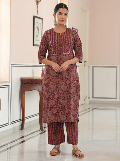 Maroon Paisley Print Cotton Kurta Pant Set
