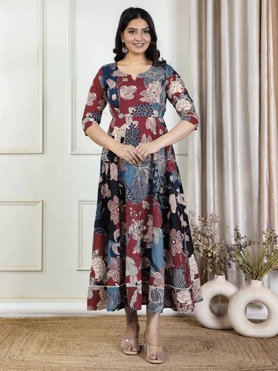 Multicolor Floral Printed Ankle-Length Dress