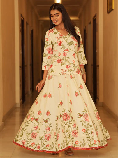 Cream Floral Printed Peplum Top & Skirt Set