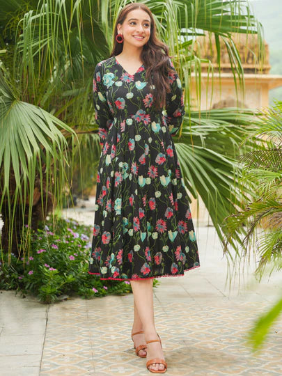 Black Floral Printed Midi Dress